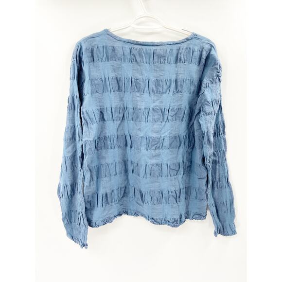 Flax Blue Jay Puckered Striped 3/4 Sleeve Scoop Round Neck Linen Top Size P - Picture 3 of 6